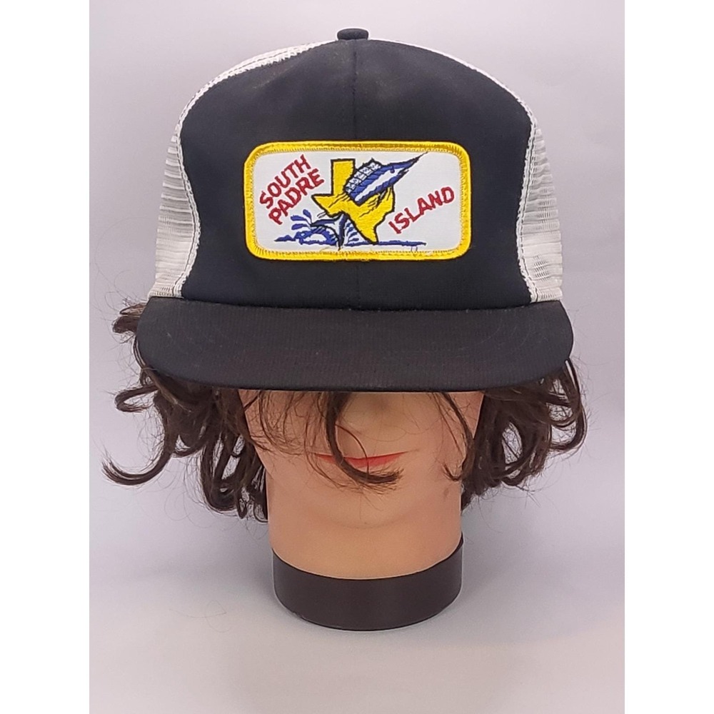 Vintage South Padre Island Hat Trucker Snapback Black White 80s Marlin Texas Map